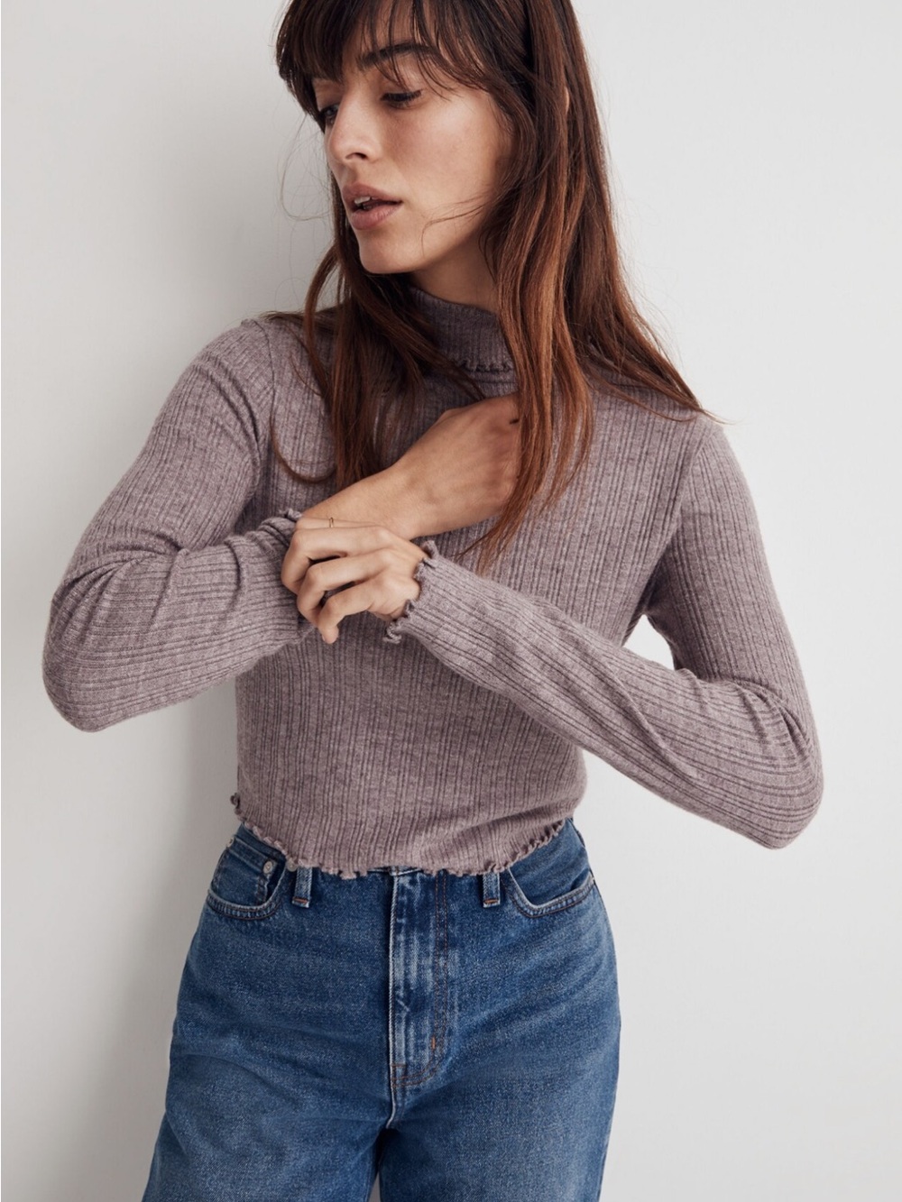Madewell Ribbed Mock Neck Top in Mauve